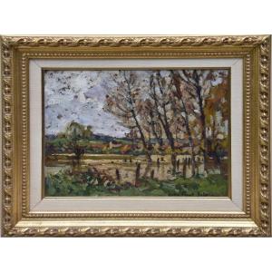 André Prevot Valeri "paysage De Rivière"   Huile Sur Carton 27x35